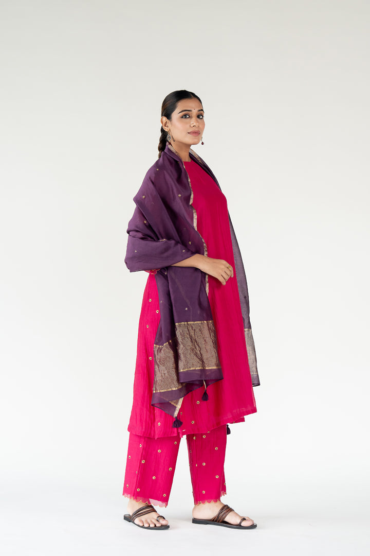 Fiza Kurta Set with Ayra Odhani-Rani Pink & Aubergine