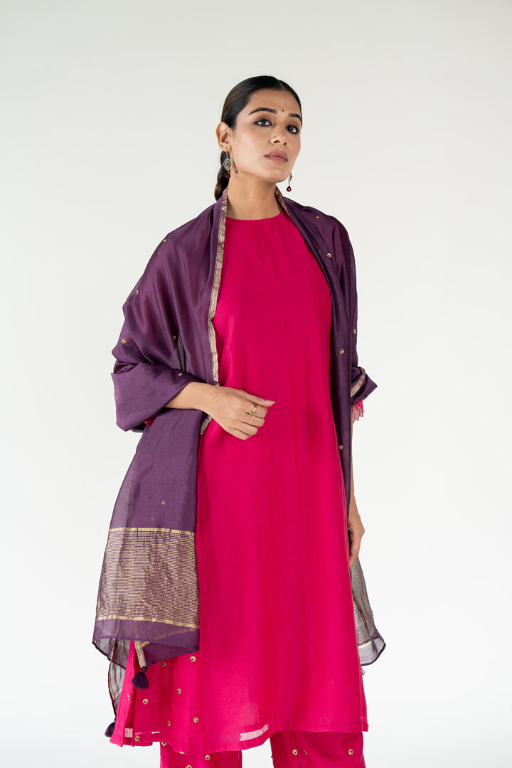 Fiza Kurta Set with Ayra Odhani-Rani Pink & Aubergine