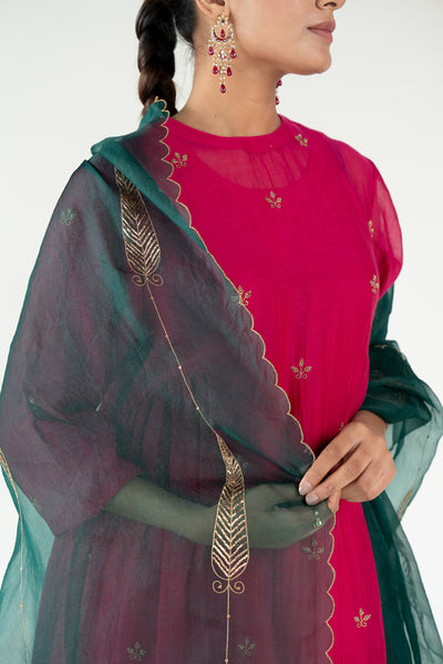 Ekra Kurta Set 
with Shama Odhani-Rani Pink & Emerald