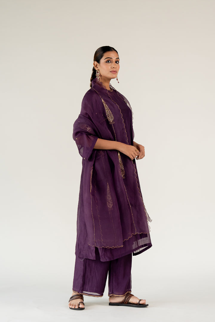 Caftan Kurta Set 
with Shama Odhani-Aubergine