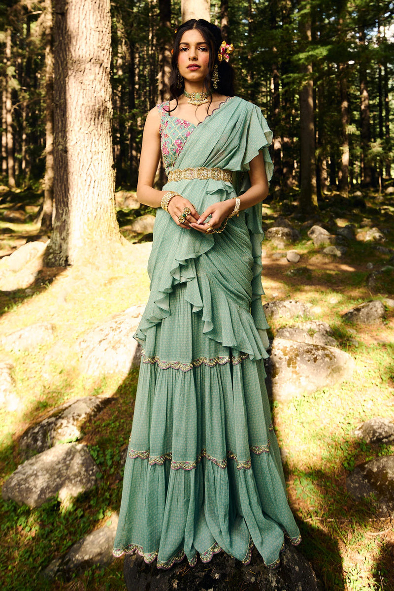 Minna Saree Set georgettte by Paulmi & Harsh-kahan Sep'26 in blue for women Worldwide