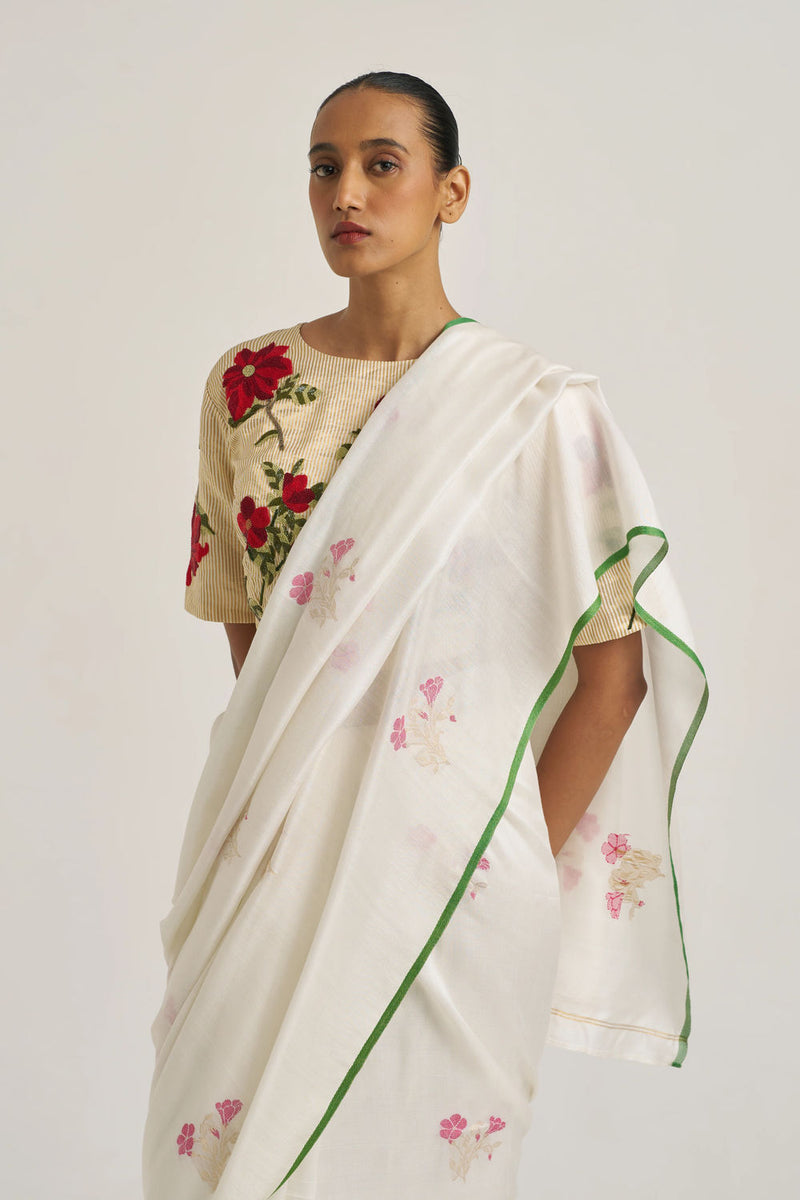 Miraya Sari handwoven cotton silk by Suparna Som in white for women Worldwide