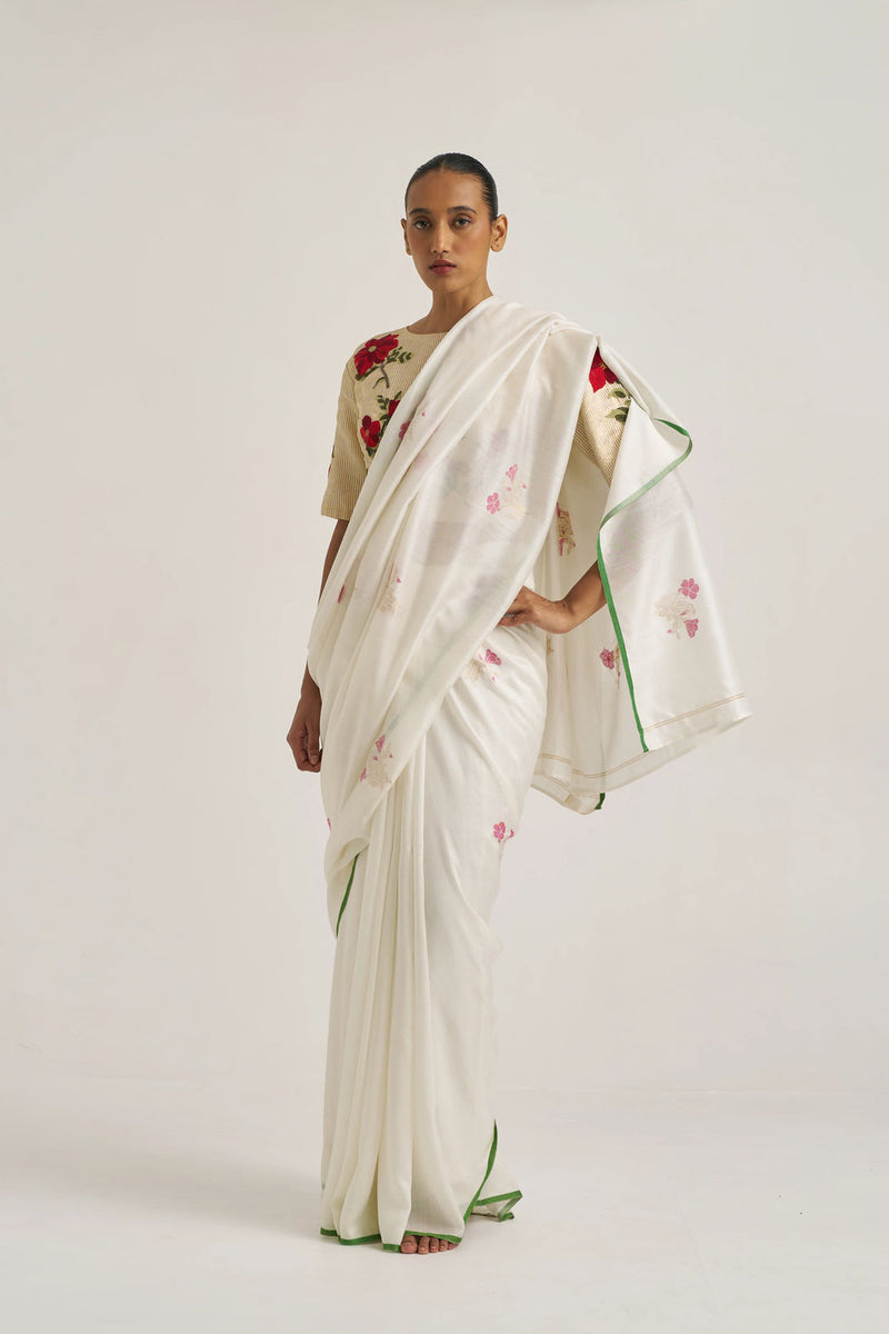 Miraya Sari handwoven cotton silk by Suparna Som in white for women Worldwide