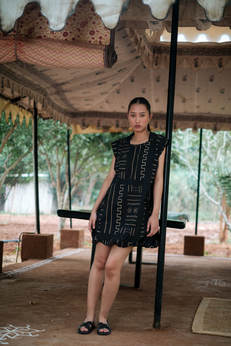 Nara gather dress Crushed Cotton dress by The Terra Tribe in black for women Worldwide