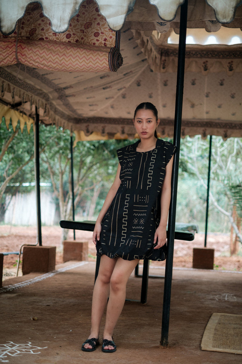 Nara gather dress Crushed Cotton dress by The Terra Tribe in black for women Worldwide