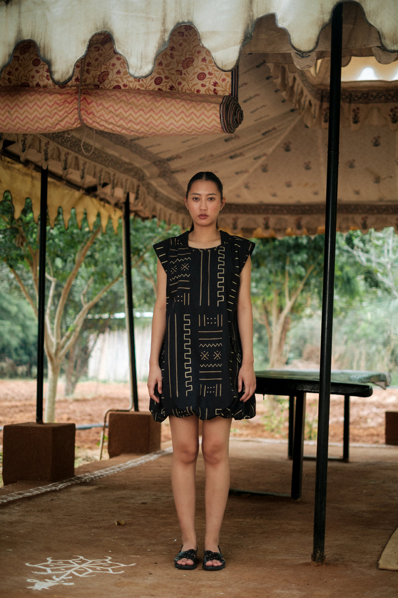Nara gather dress Crushed Cotton dress by The Terra Tribe in black for women Worldwide
