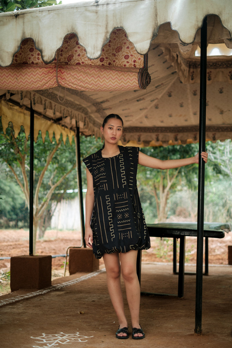 Nara gather dress Crushed Cotton dress by The Terra Tribe in black for women Worldwide