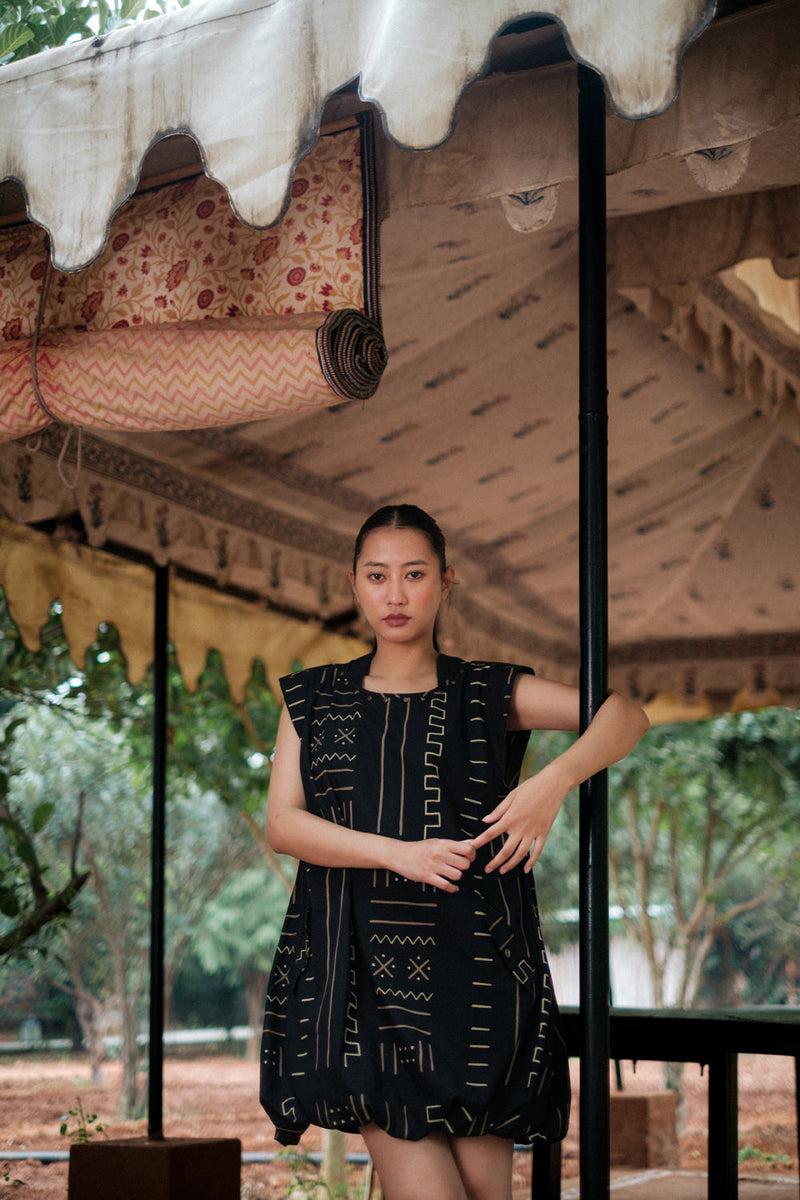 Nara gather dress Crushed Cotton dress by The Terra Tribe in black for women Worldwide