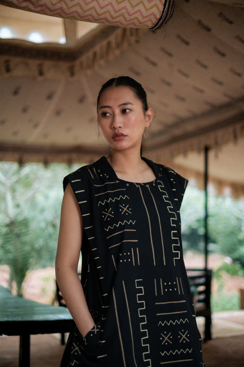 Nara gather dress Crushed Cotton dress by The Terra Tribe in black for women Worldwide