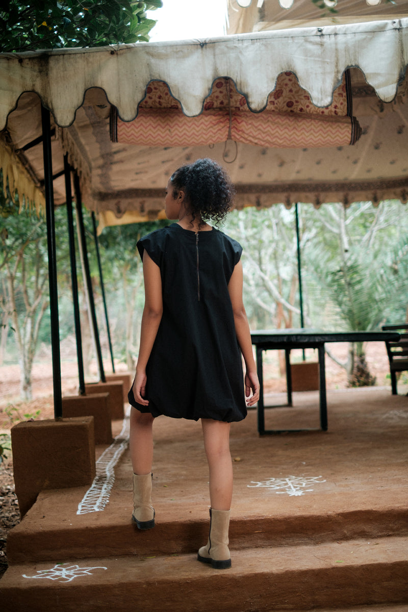 Nara gather dress Crushed Cotton dress by The Terra Tribe in black for women Worldwide
