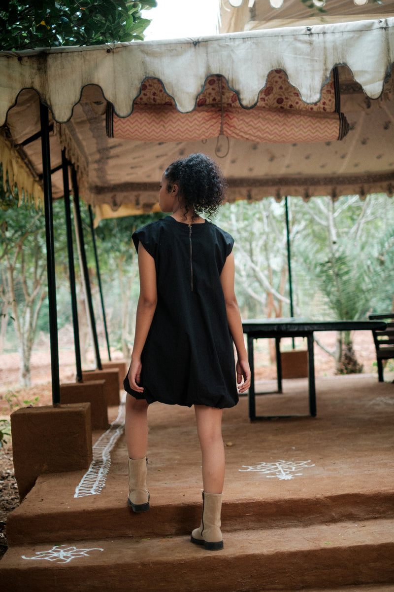 Nara gather dress Crushed Cotton dress by The Terra Tribe in black for women Worldwide