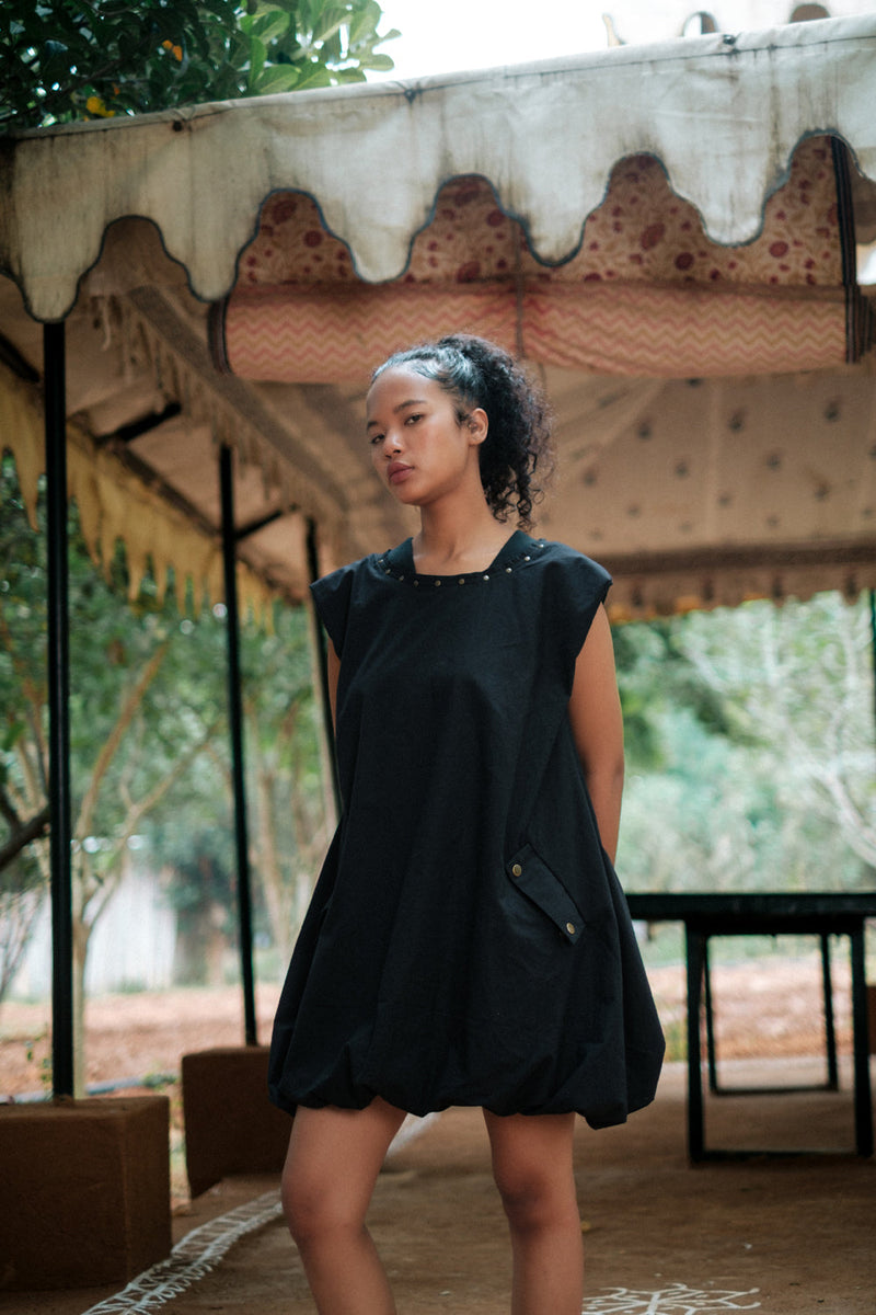 Nara gather dress Crushed Cotton dress by The Terra Tribe in black for women Worldwide