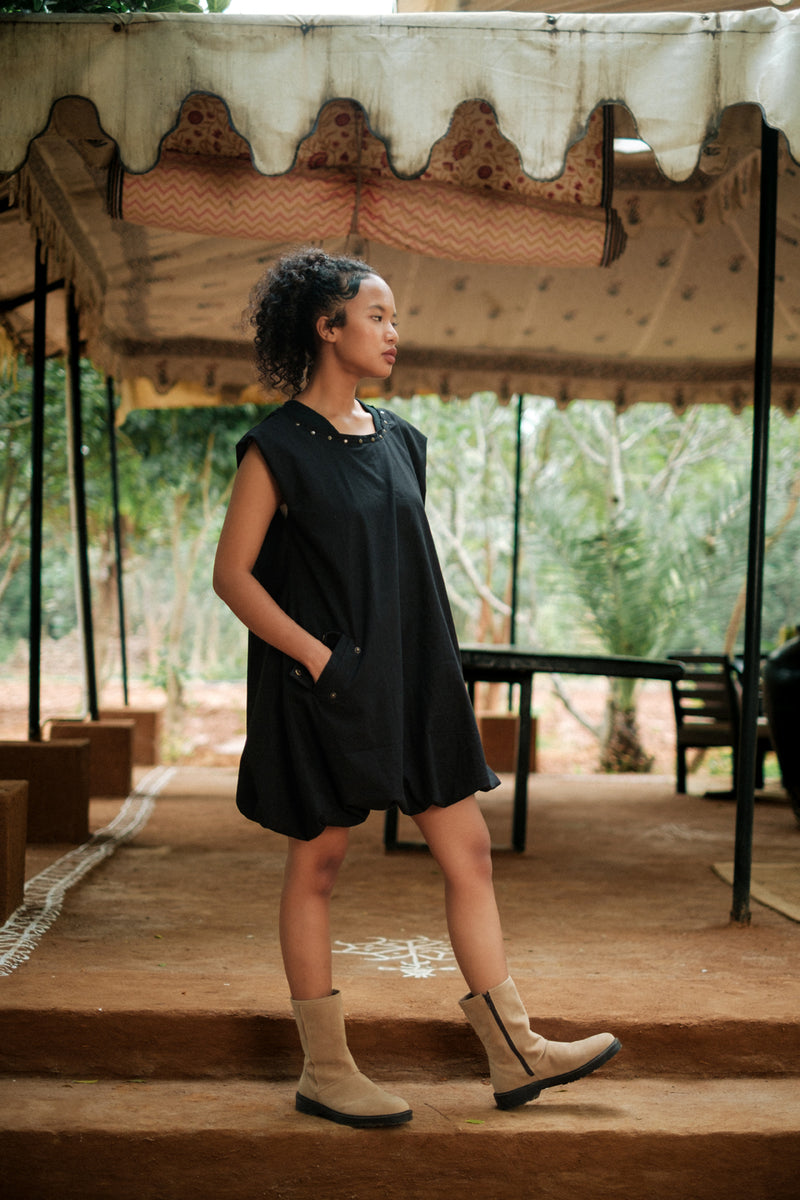 Nara gather dress Crushed Cotton dress by The Terra Tribe in black for women Worldwide
