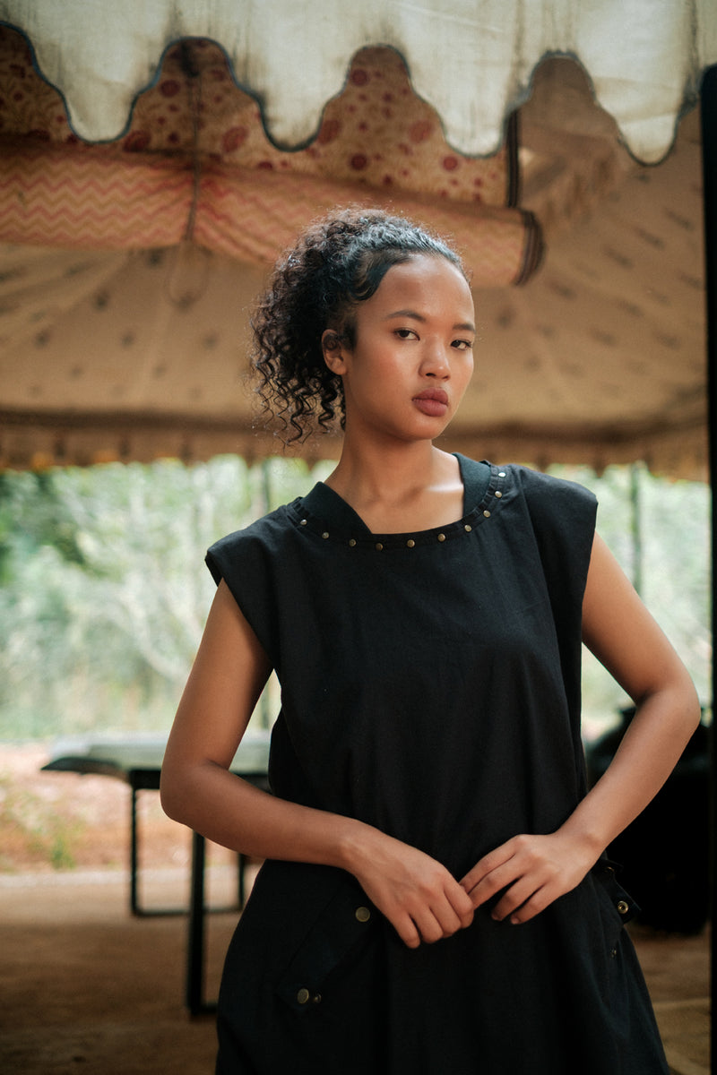 Nara gather dress Crushed Cotton dress by The Terra Tribe in black for women Worldwide