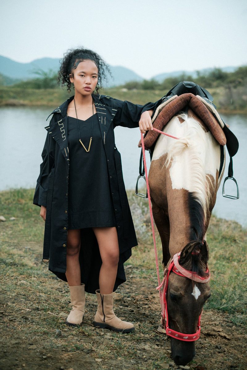 Kobe Long trench Crushed Cotton jacket/overlay by The Terra Tribe in black for women Worldwide