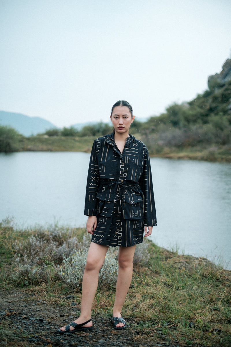 Bodrum utility jacket dress Crushed Cotton dress by The Terra Tribe in black for women Worldwide