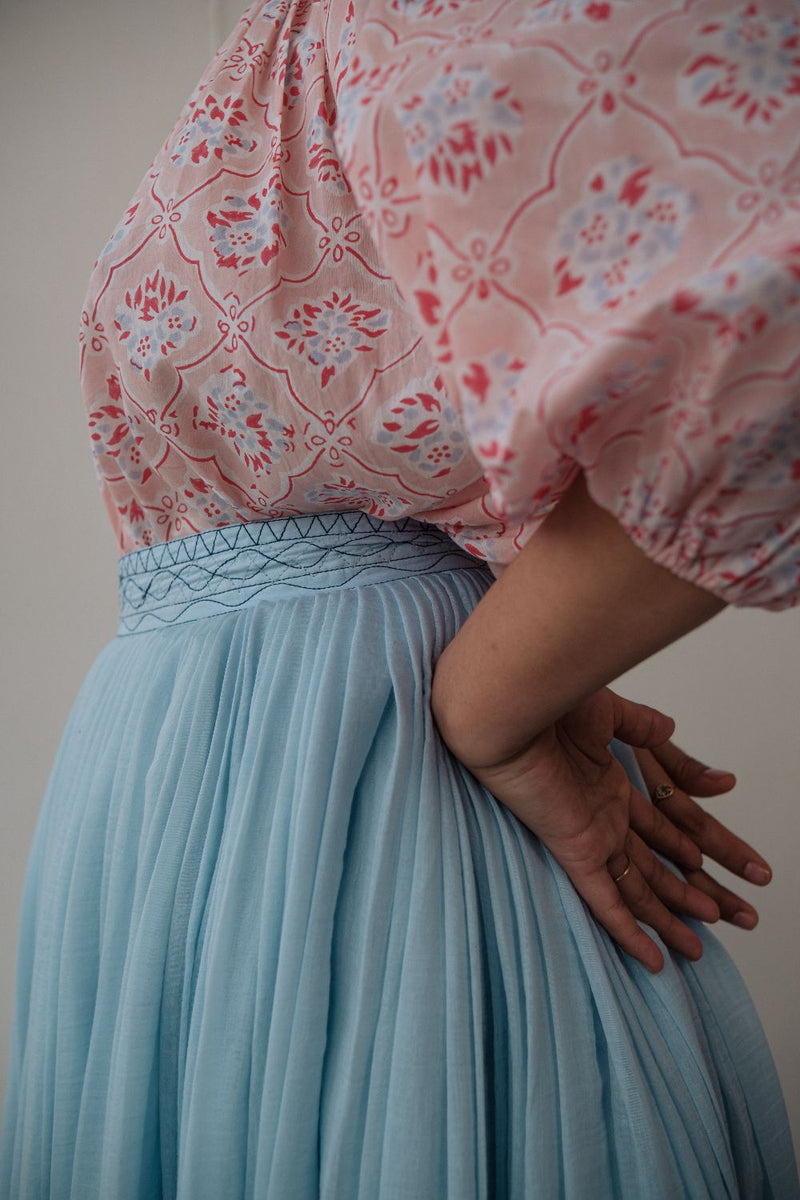 MIRA SKIRT chanderi by TOKREE in blue color for women Worldwide