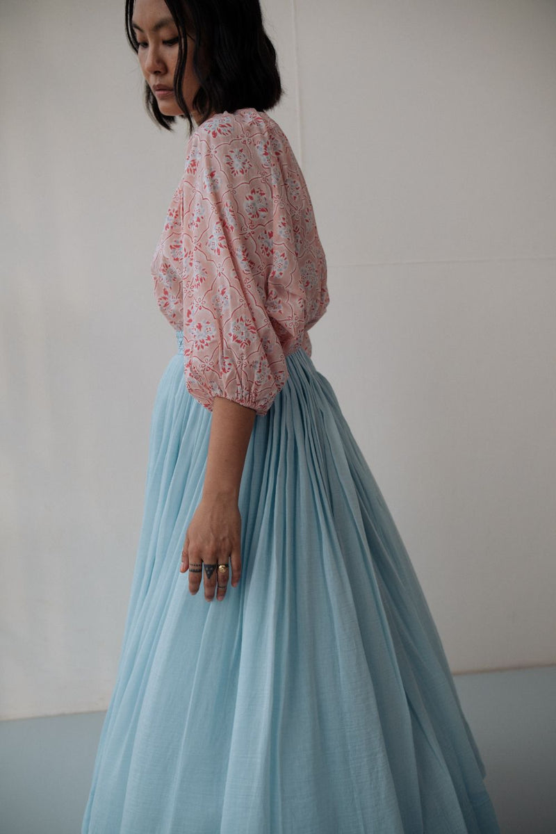 MIRA SKIRT chanderi by TOKREE in blue color for women Worldwide