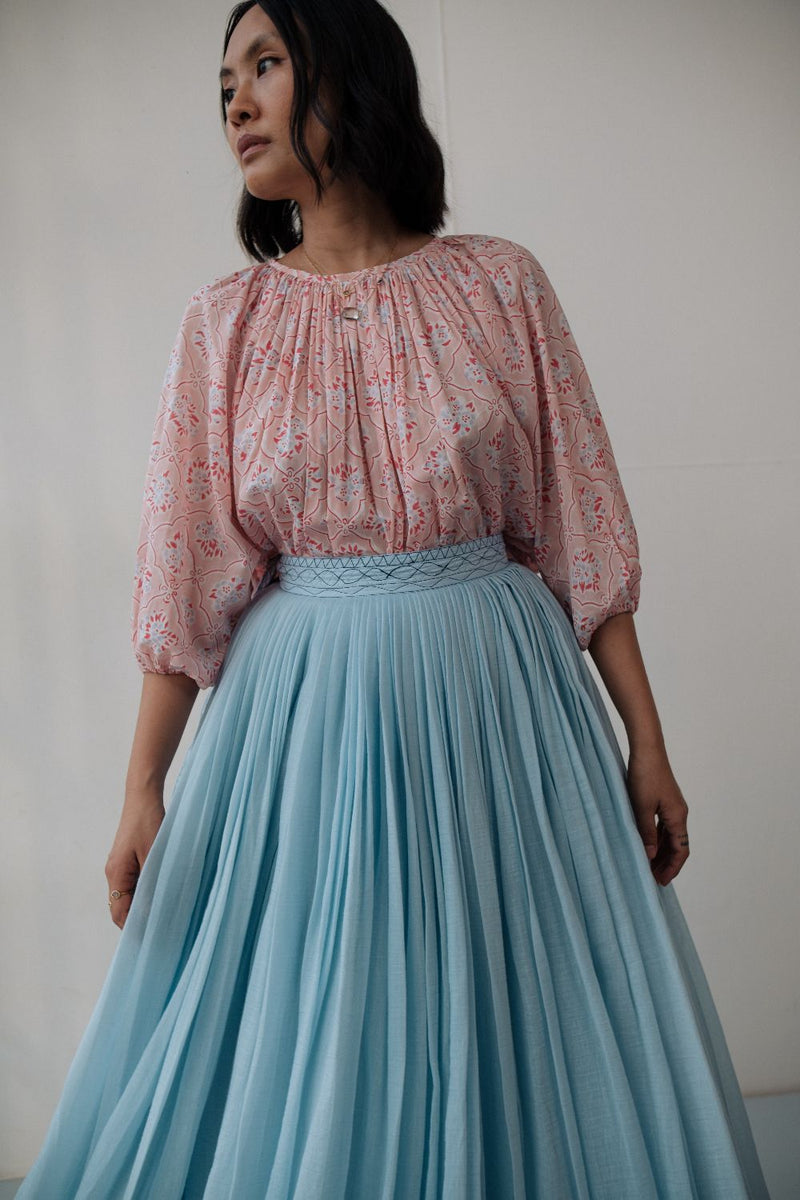 MIRA SKIRT chanderi by TOKREE in blue color for women Worldwide