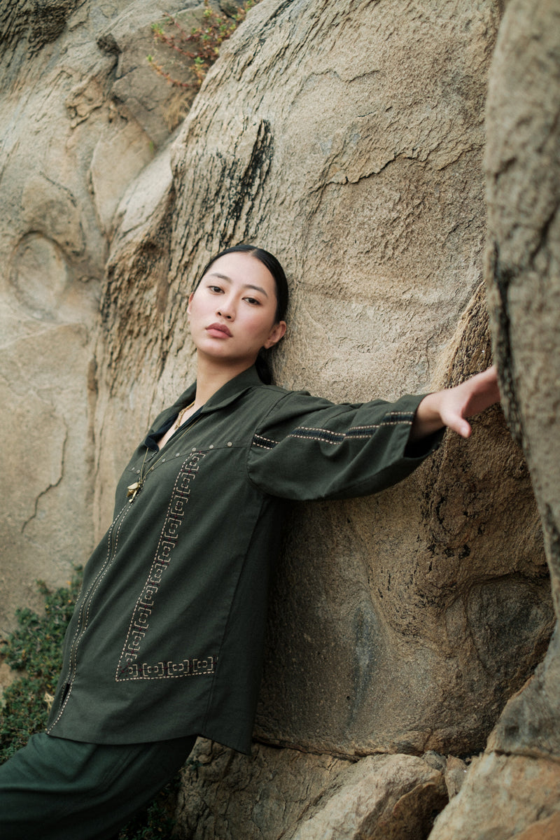 Morracan shirt Crushed Cotton top/shirt by The Terra Tribe in green for women Worldwide