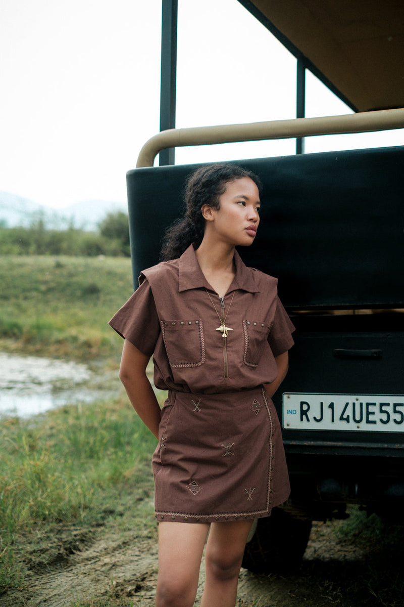 Corbett half sleeve emb shirt Crushed Cotton top/shirt by The Terra Tribe in brown for women Worldwide