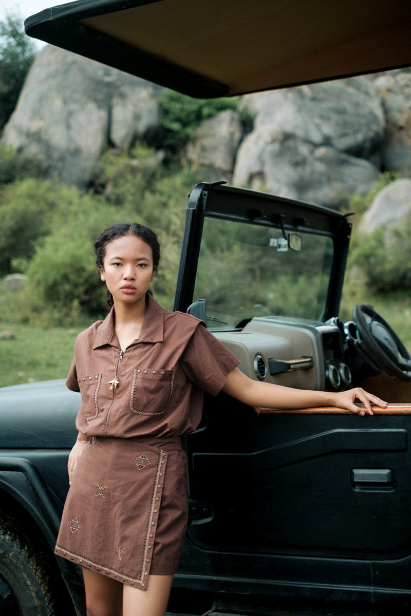Corbett half sleeve emb shirt Crushed Cotton top/shirt by The Terra Tribe in brown for women Worldwide