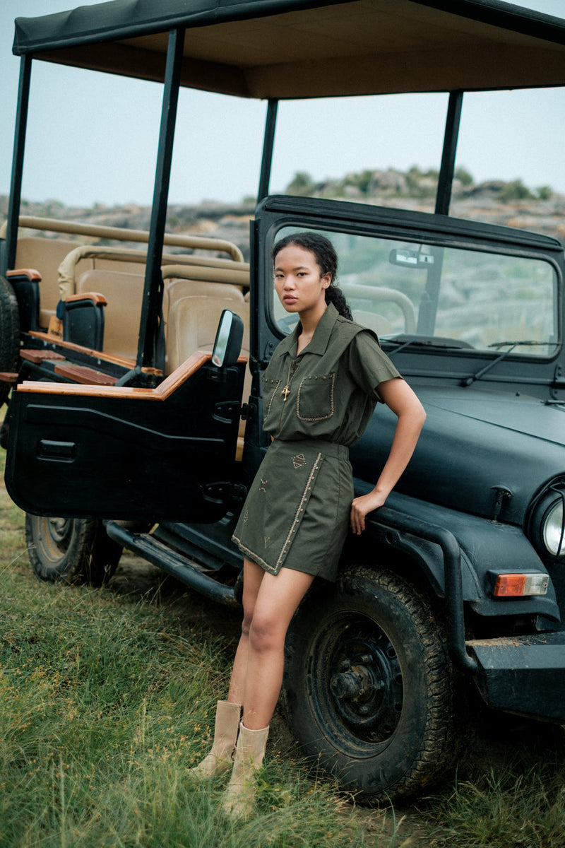 Corbett half sleeve emb shirt Crushed Cotton top/shirt by The Terra Tribe in brown for women Worldwide