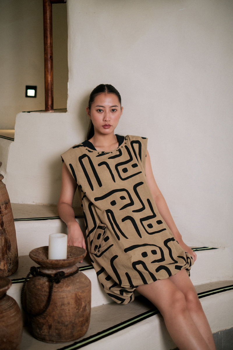 Nara gather dress Crushed Cotton dress by The Terra Tribe in black for women Worldwide
