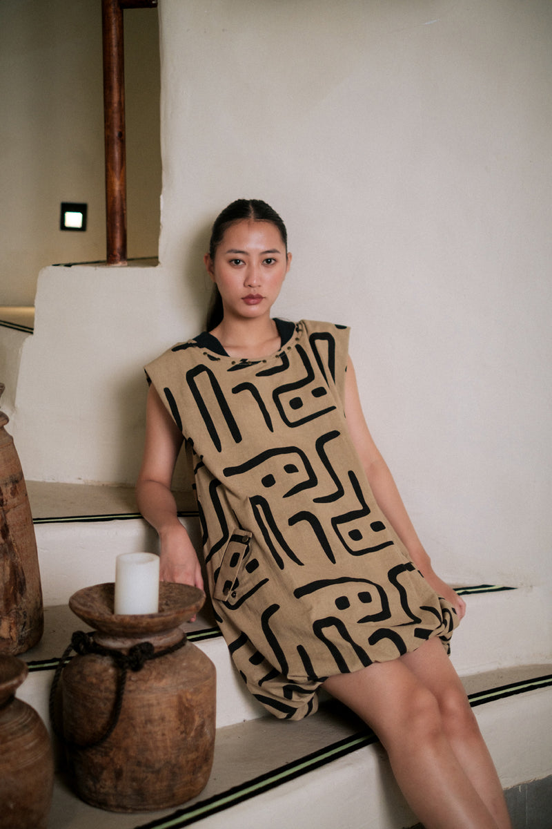 Nara gather dress Crushed Cotton dress by The Terra Tribe in black for women Worldwide