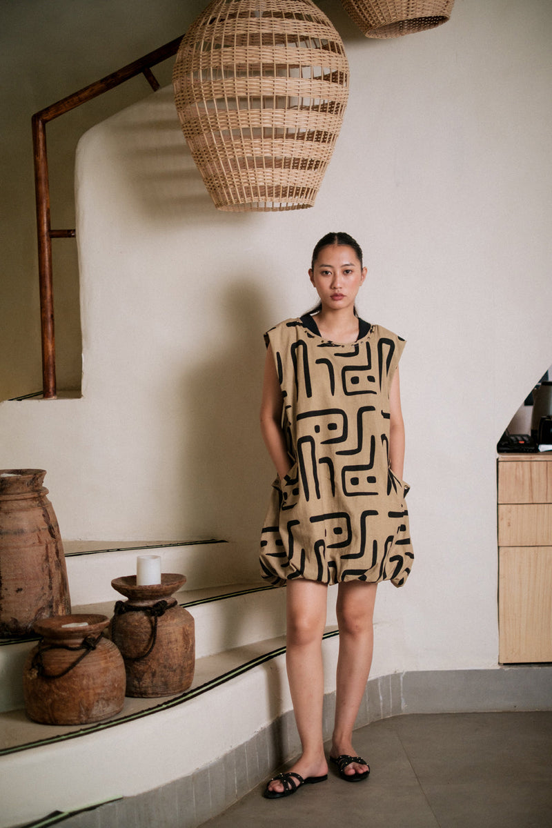 Nara gather dress Crushed Cotton dress by The Terra Tribe in black for women Worldwide