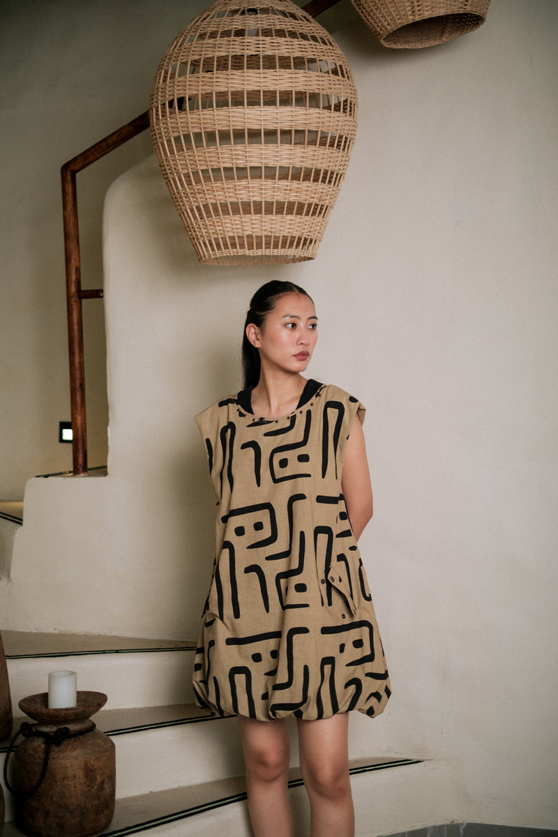 Nara gather dress Crushed Cotton dress by The Terra Tribe in black for women Worldwide