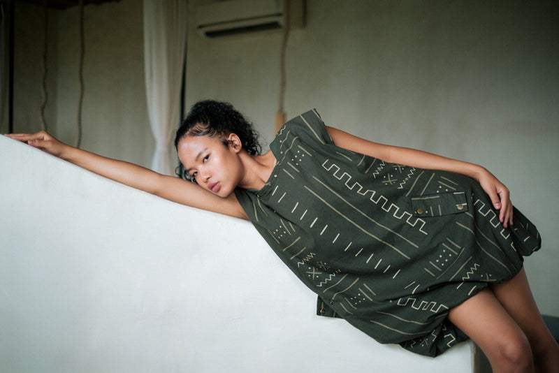 Nara gather dress Crushed Cotton dress by The Terra Tribe in black for women Worldwide