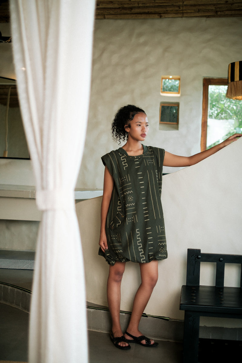 Nara gather dress Crushed Cotton dress by The Terra Tribe in black for women Worldwide
