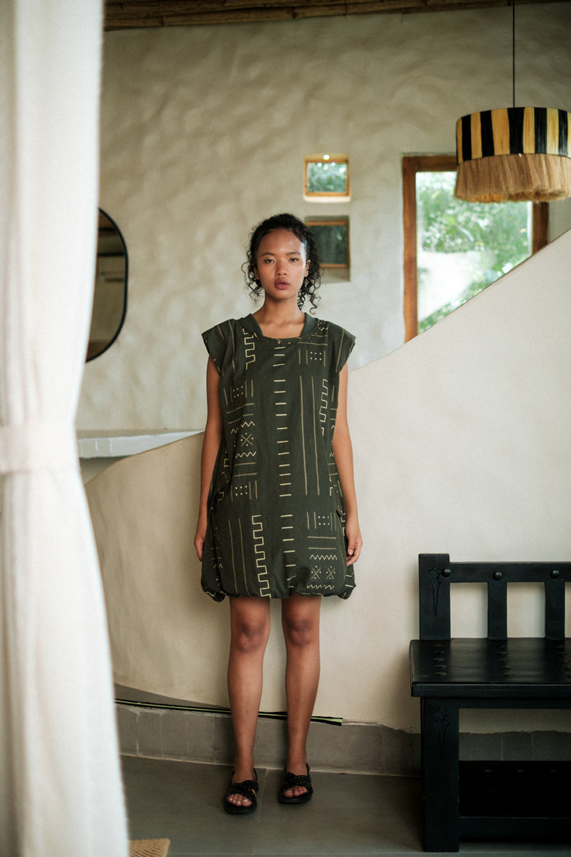 Nara gather dress Crushed Cotton dress by The Terra Tribe in black for women Worldwide