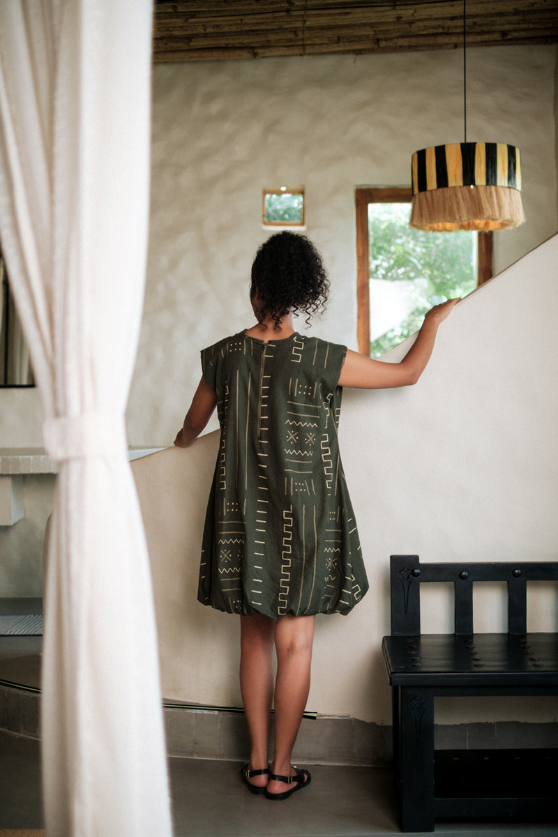Nara gather dress Crushed Cotton dress by The Terra Tribe in black for women Worldwide