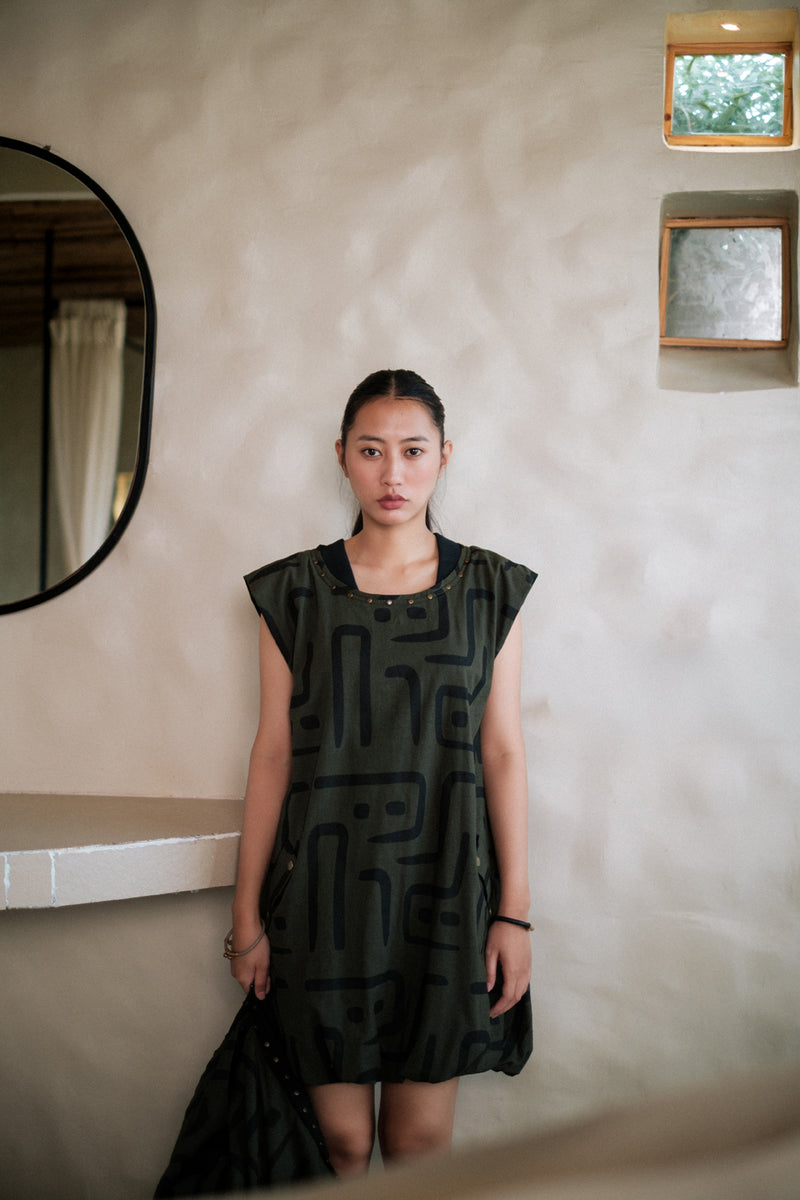 Nara gather dress Crushed Cotton dress by The Terra Tribe in black for women Worldwide