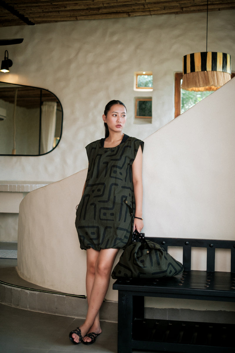 Nara gather dress Crushed Cotton dress by The Terra Tribe in black for women Worldwide