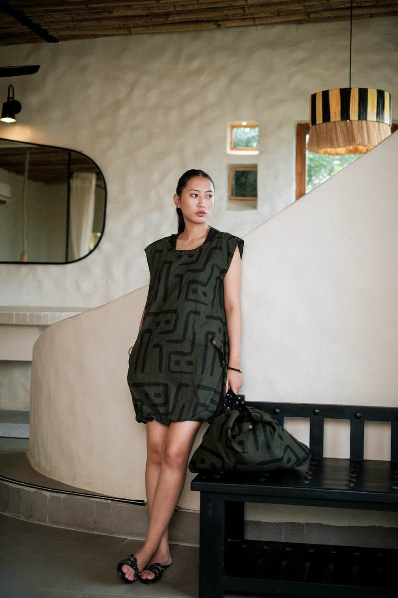 Nara gather dress Crushed Cotton dress by The Terra Tribe in black for women Worldwide
