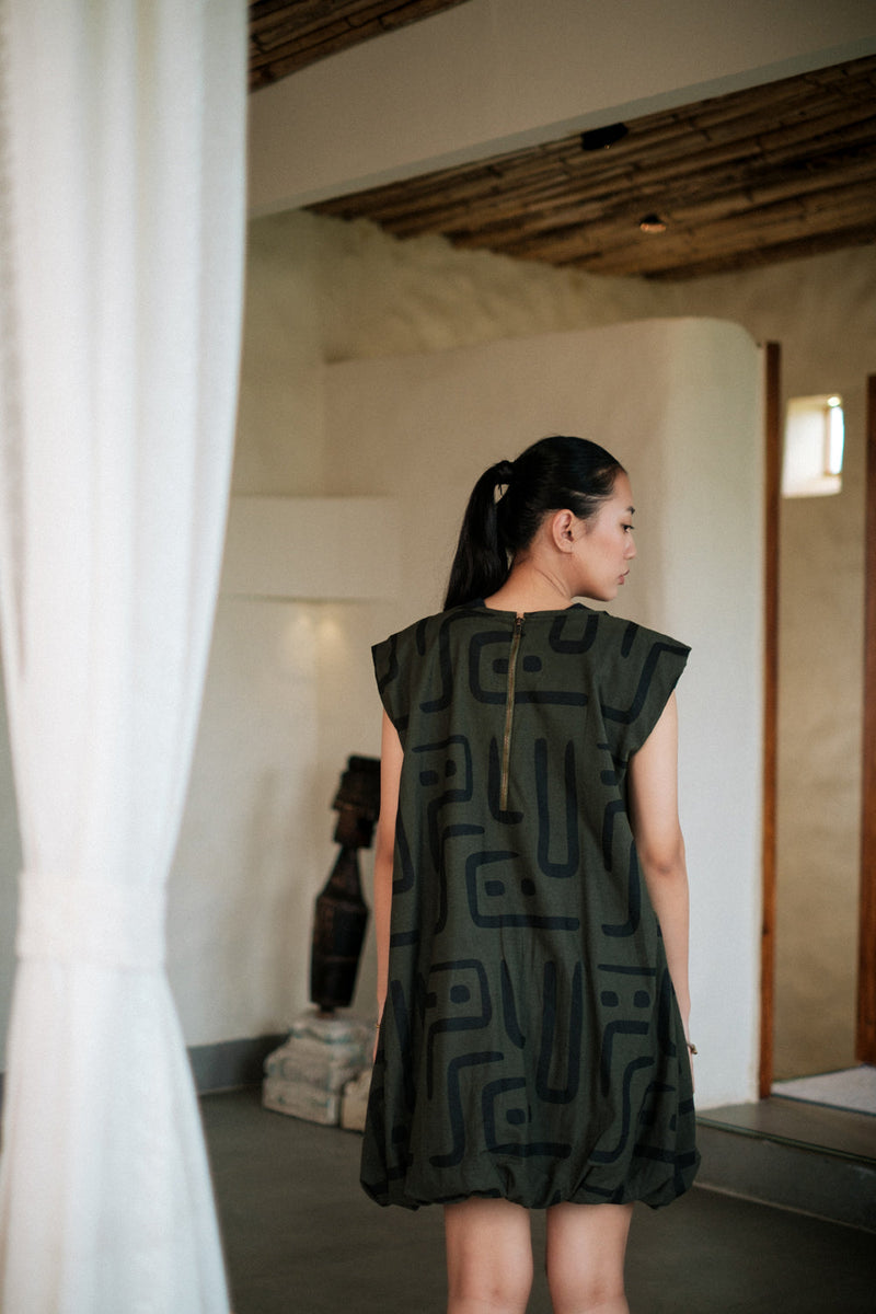 Nara gather dress Crushed Cotton dress by The Terra Tribe in black for women Worldwide