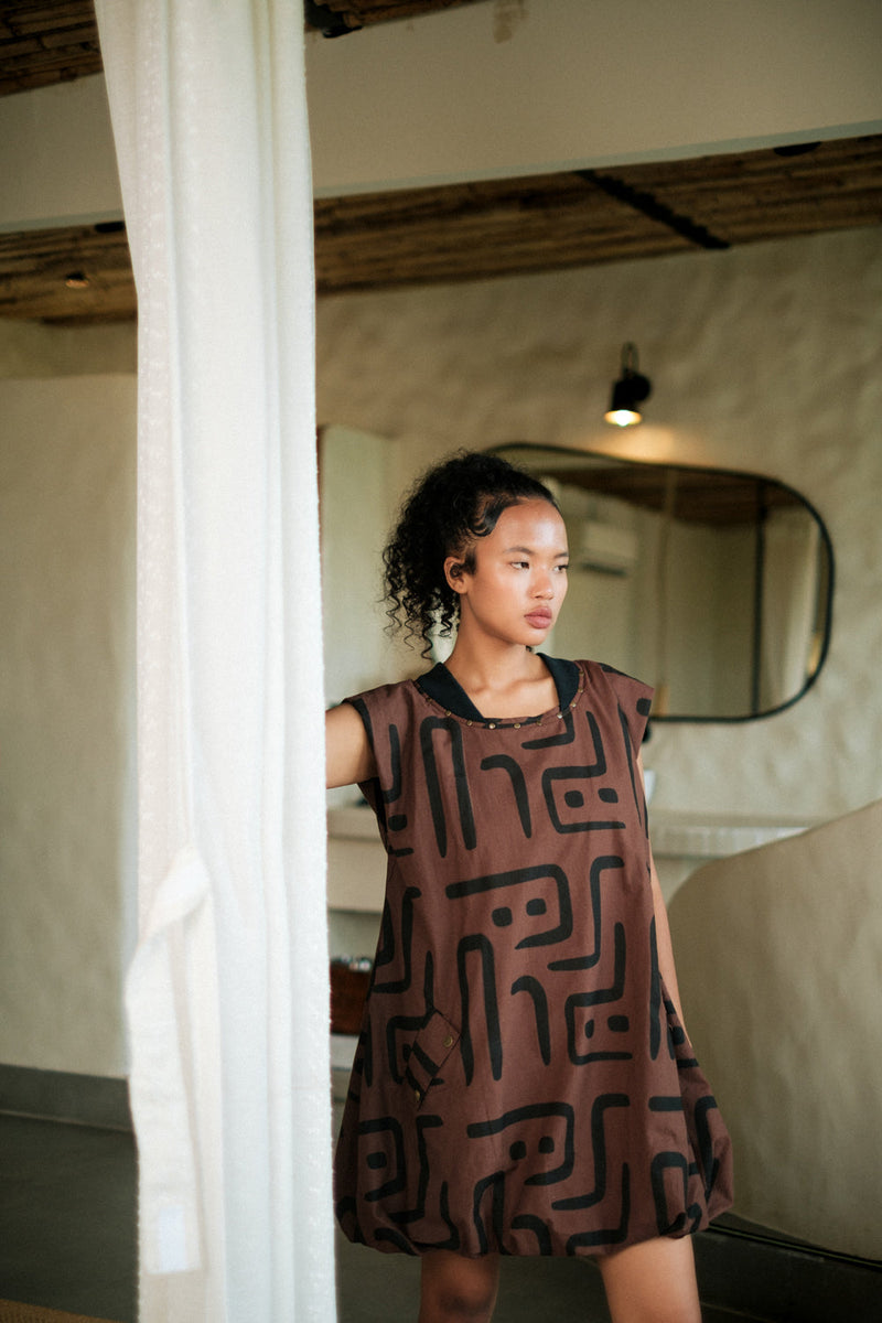 Nara gather dress Crushed Cotton dress by The Terra Tribe in black for women Worldwide