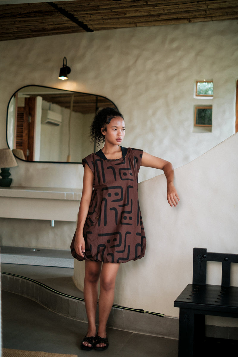 Nara gather dress Crushed Cotton dress by The Terra Tribe in black for women Worldwide