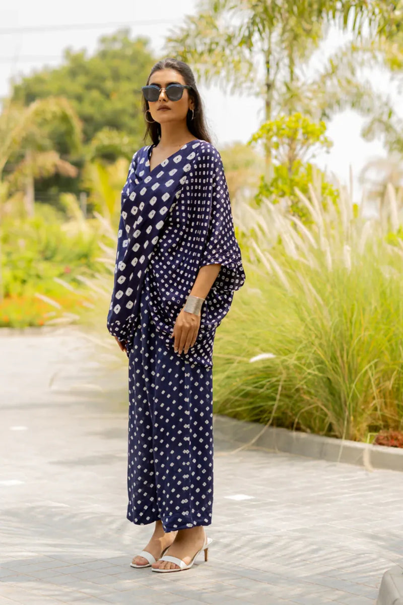MOD DOTS PANTS-BLUE silk by Dyelogue in blue color for women Worldwide