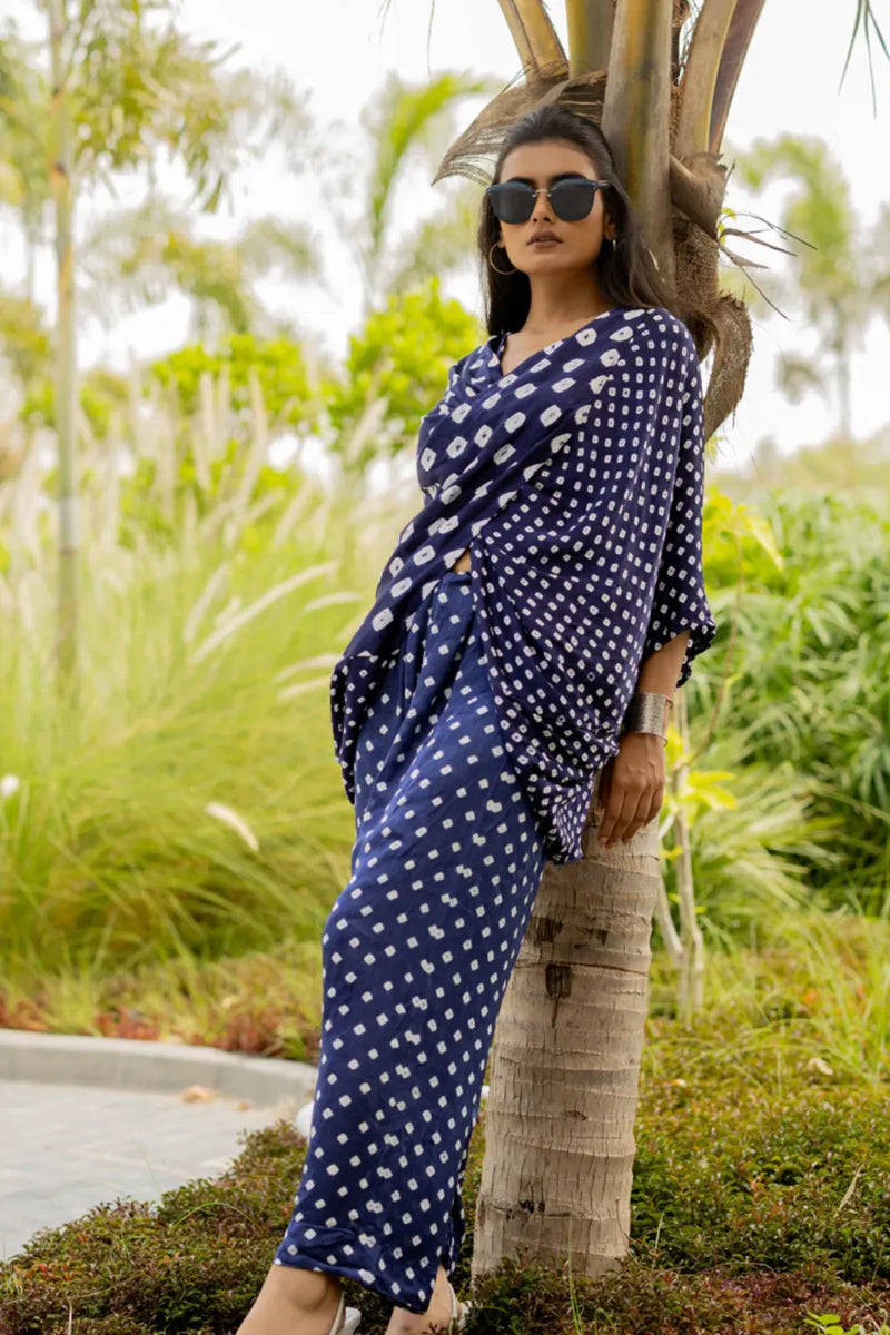 MOD DOTS PANTS-BLUE silk by Dyelogue in blue color for women Worldwide