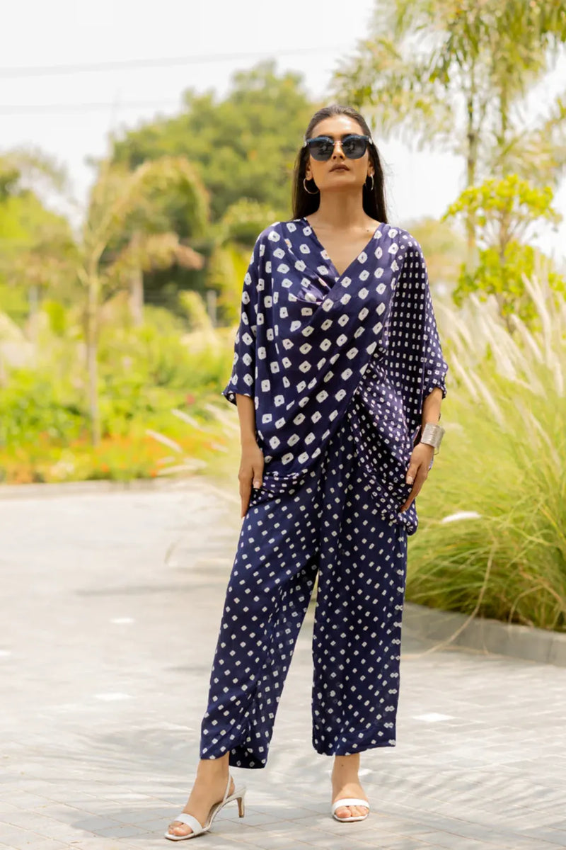 MOD DOTS PANTS-BLUE silk by Dyelogue in blue color for women Worldwide