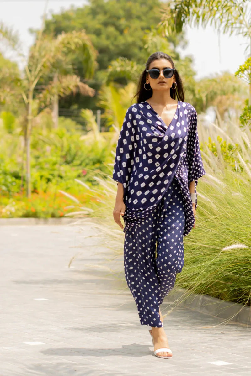MOD DOTS PANTS-BLUE silk by Dyelogue in blue color for women Worldwide