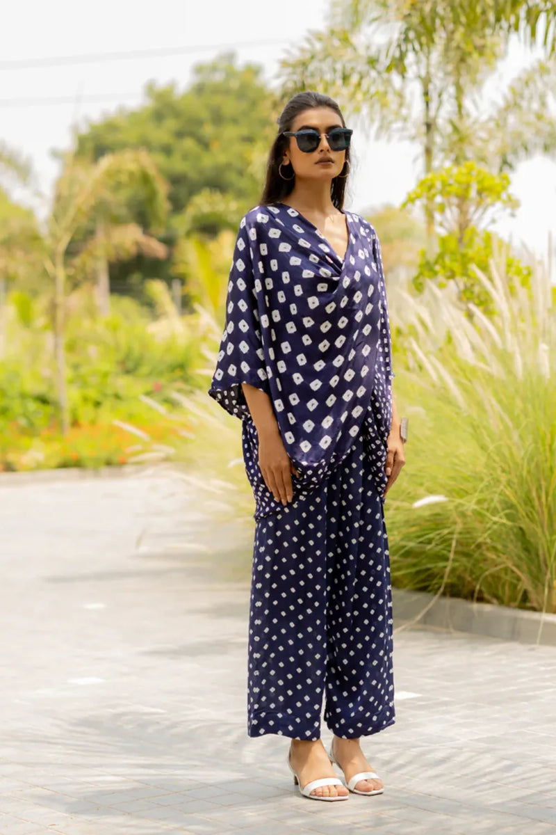 MOD DOTS PANTS-BLUE silk by Dyelogue in blue color for women Worldwide