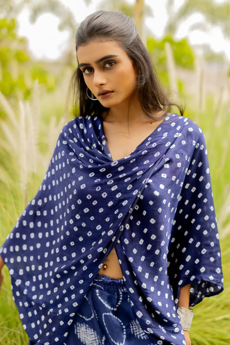 MOD DOTS TWIST TOP-BLUE silk by Dyelogue in blue color for women Worldwide