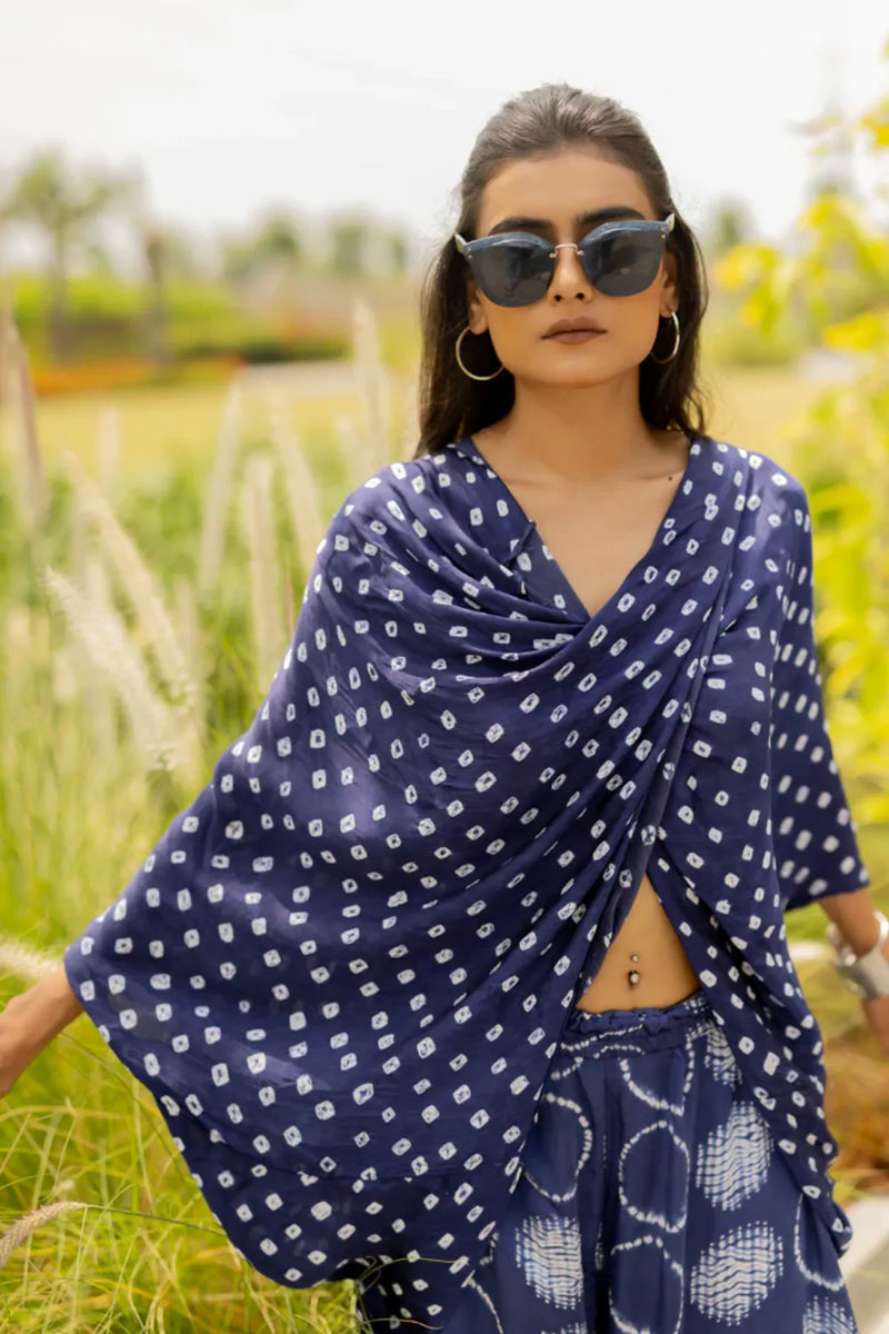 MOD DOTS TWIST TOP-BLUE silk by Dyelogue in blue color for women Worldwide