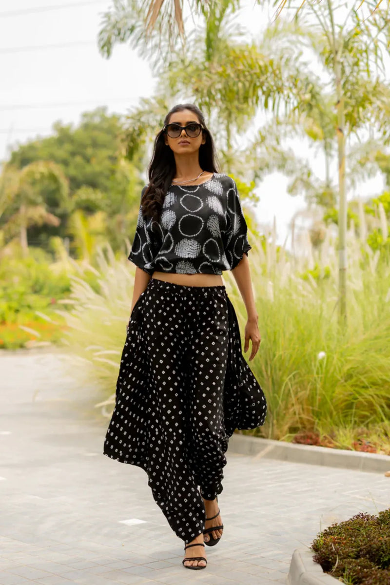 MOD DOTS WRAP DHOTI-BLACK silk by Dyelogue in black color for women Worldwide