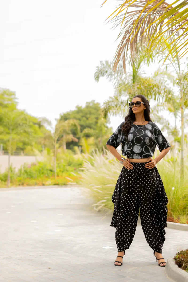MOD DOTS WRAP DHOTI-BLACK silk by Dyelogue in black color for women Worldwide